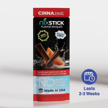 NixStick flavor inhaler packaging with cinnamon and orange imagery on a white background